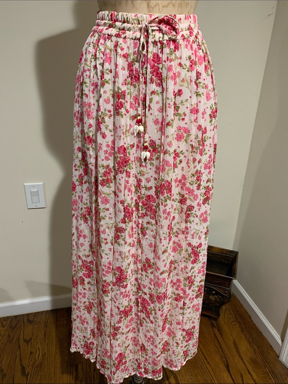 NWT Zara Pink Floral Maxi Skirt with Drawstring Waist
